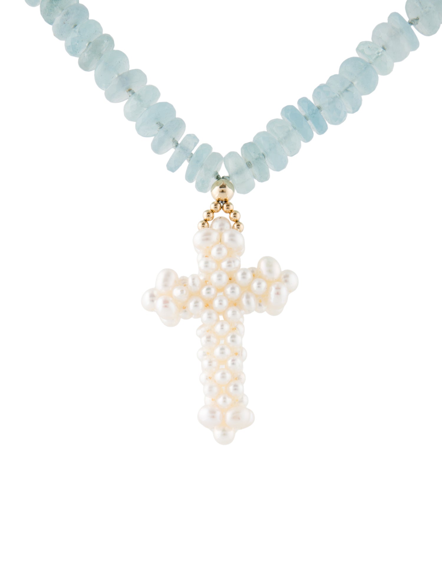 Necklace 14K Pearl & Aquamarine Cross Pendant Necklace