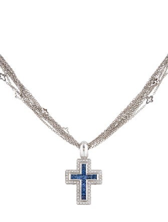 Necklace 18K 1.40ctw Sapphire & Diamond Cross Pendant Necklace