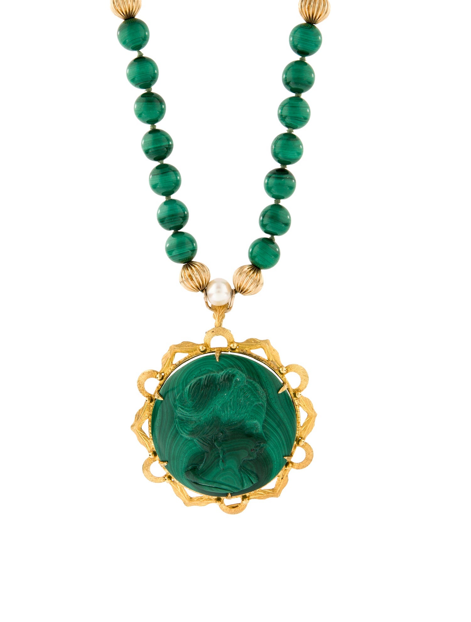 Necklace 14K Pearl & Malachite Cameo Brooch Pendant
