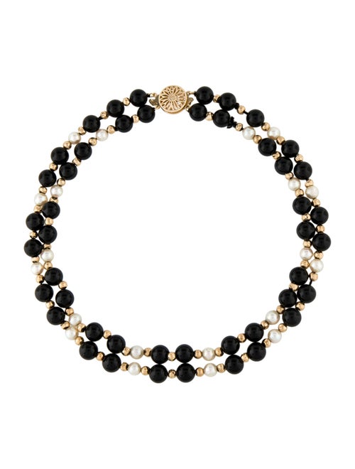 Necklace 14K Pearl & Onyx Bead Double Strand Necklace