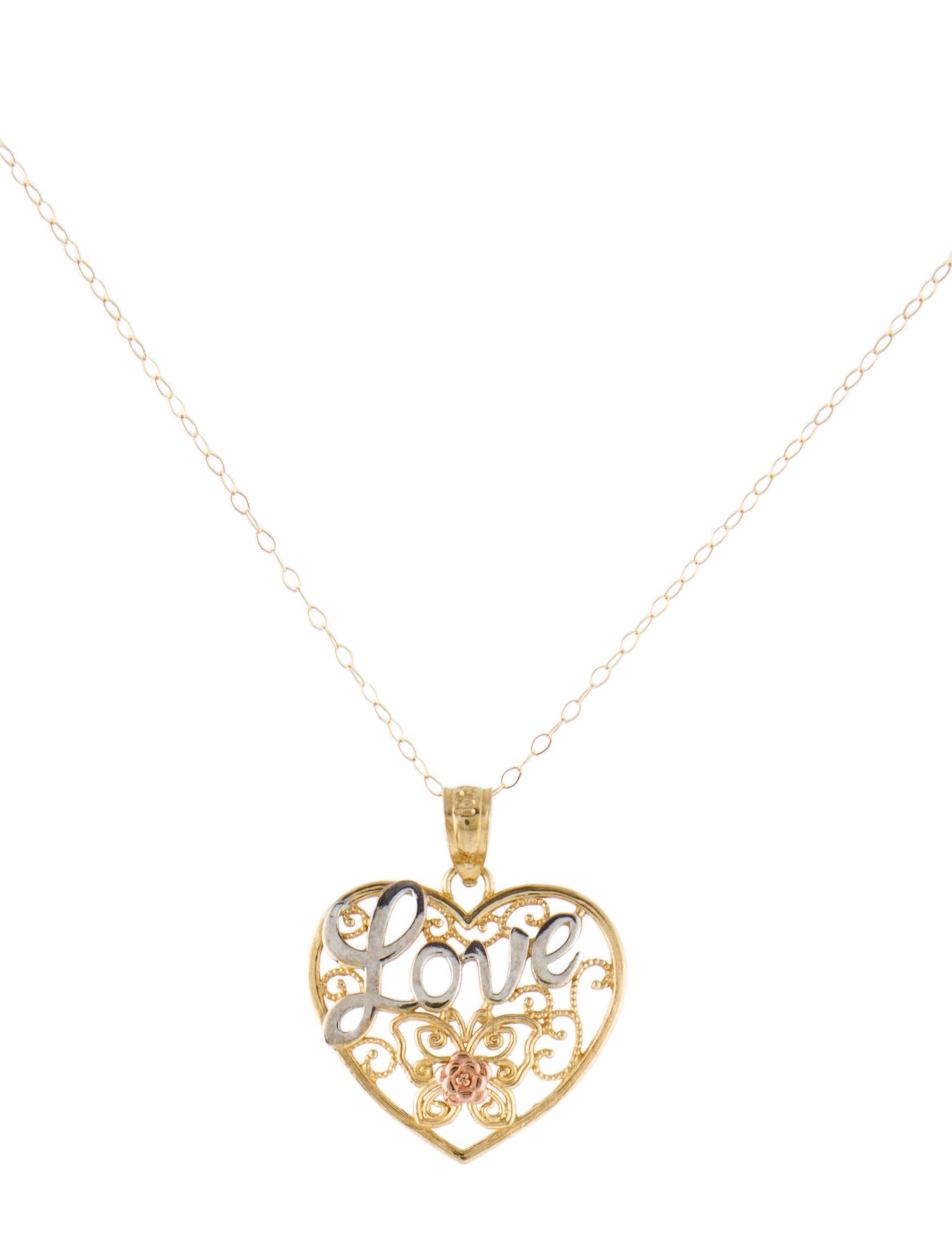 Necklace 10K Two-Tone Filigree Love Heart Pendant Necklace