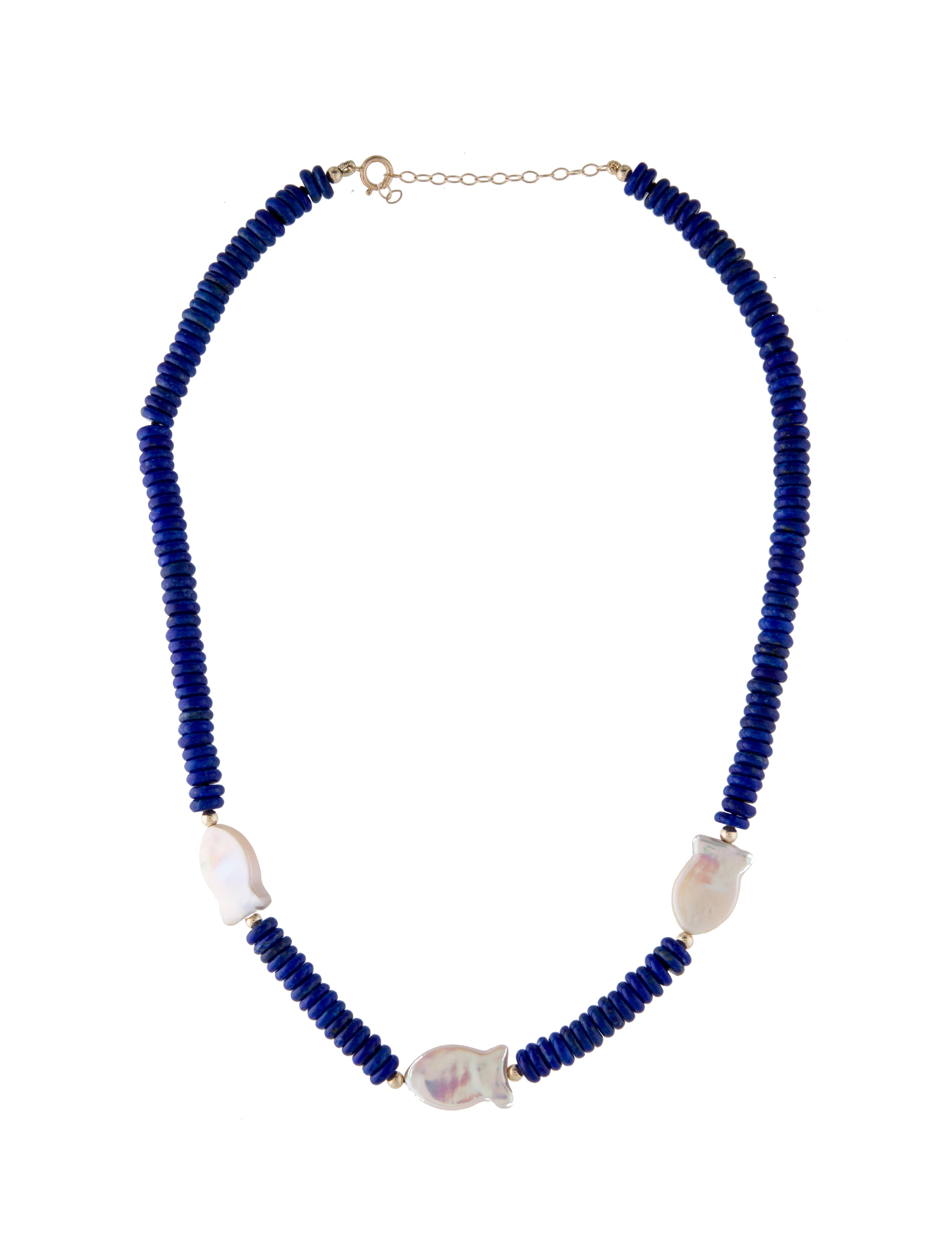 Necklace 14K Pearl Fish & Lapis Lazuli Beaded Station Necklace