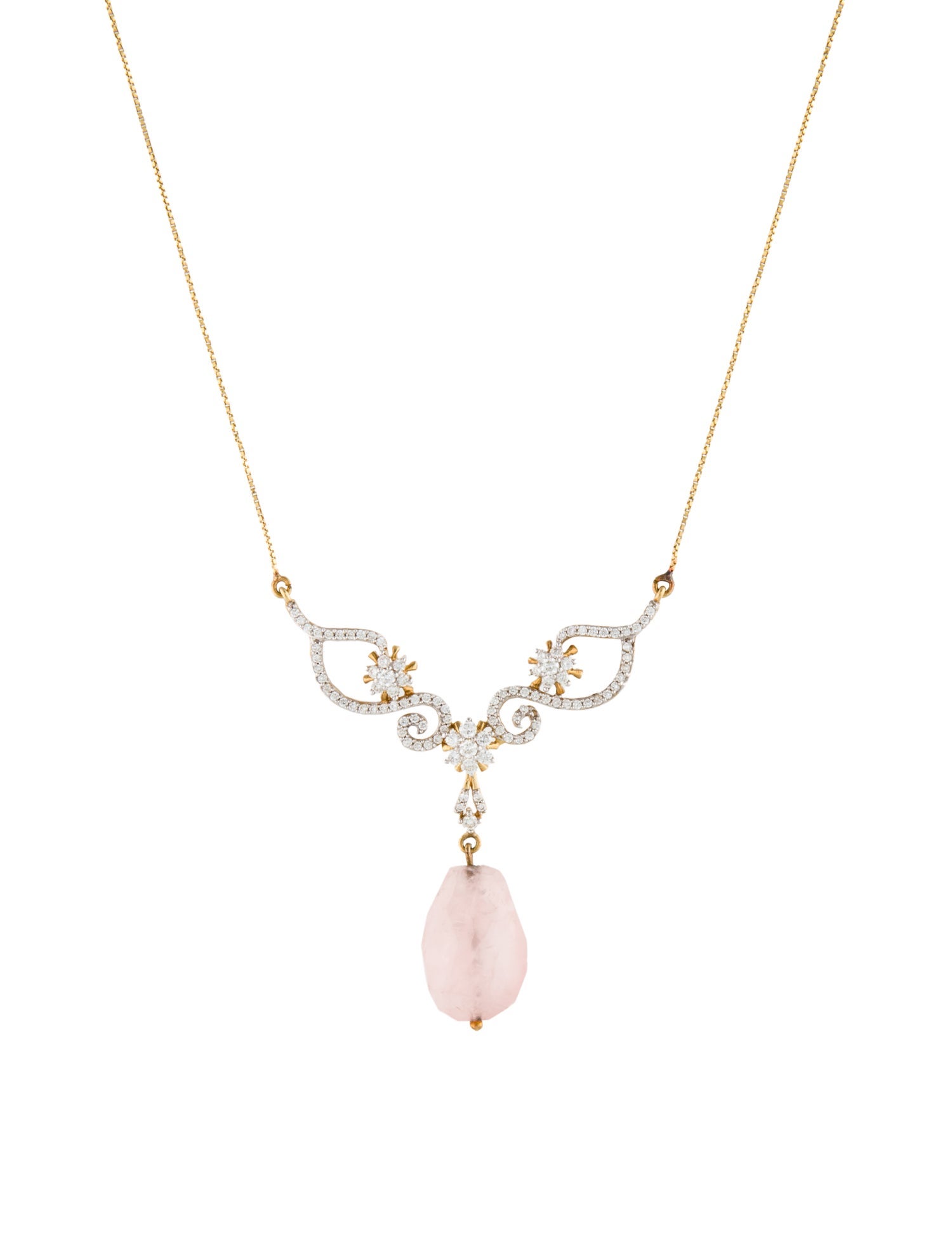 Necklace 18K Rose Quartz & Diamond Pendant Necklace