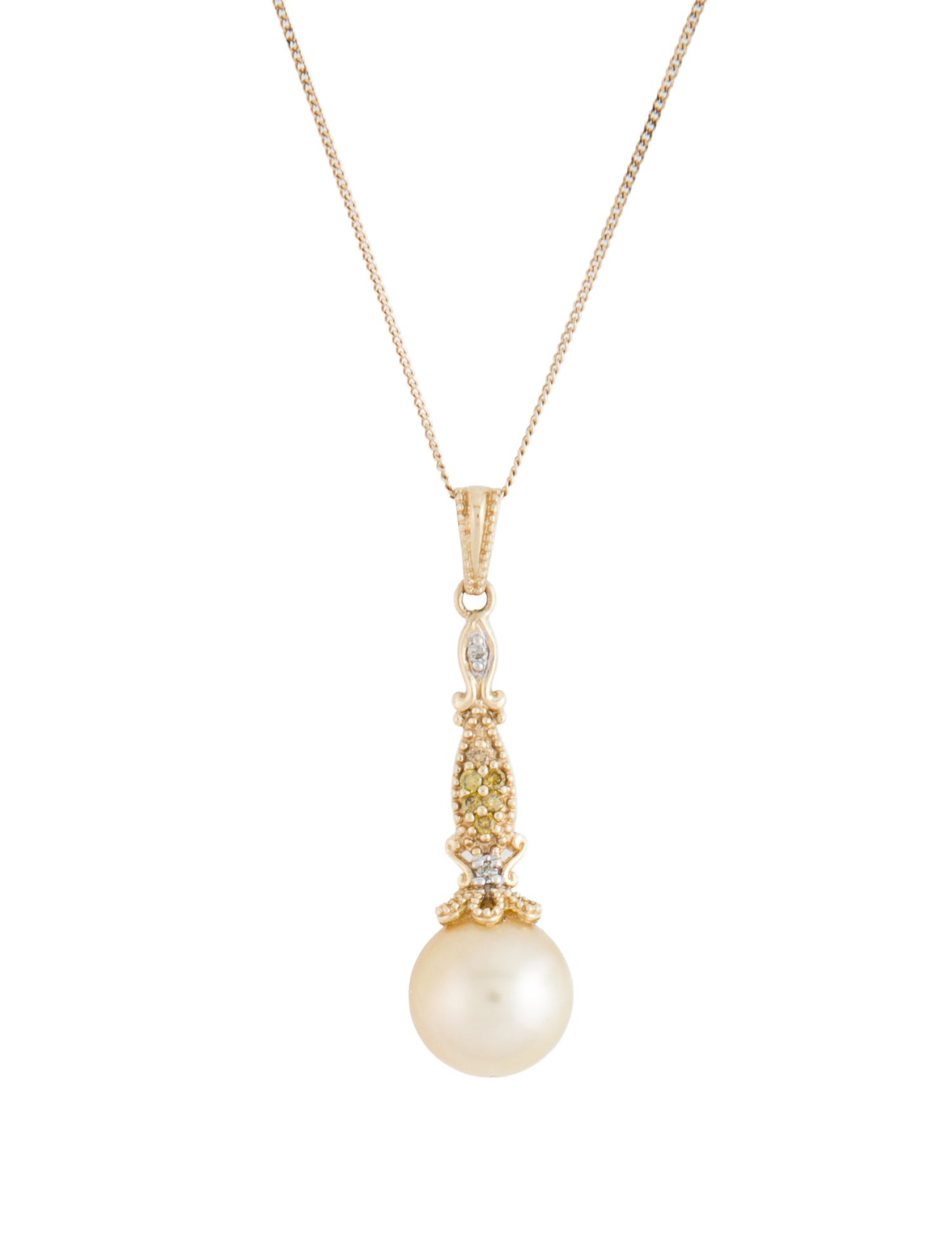Necklace 14K Pearl & Diamond Linear Drop Pendant