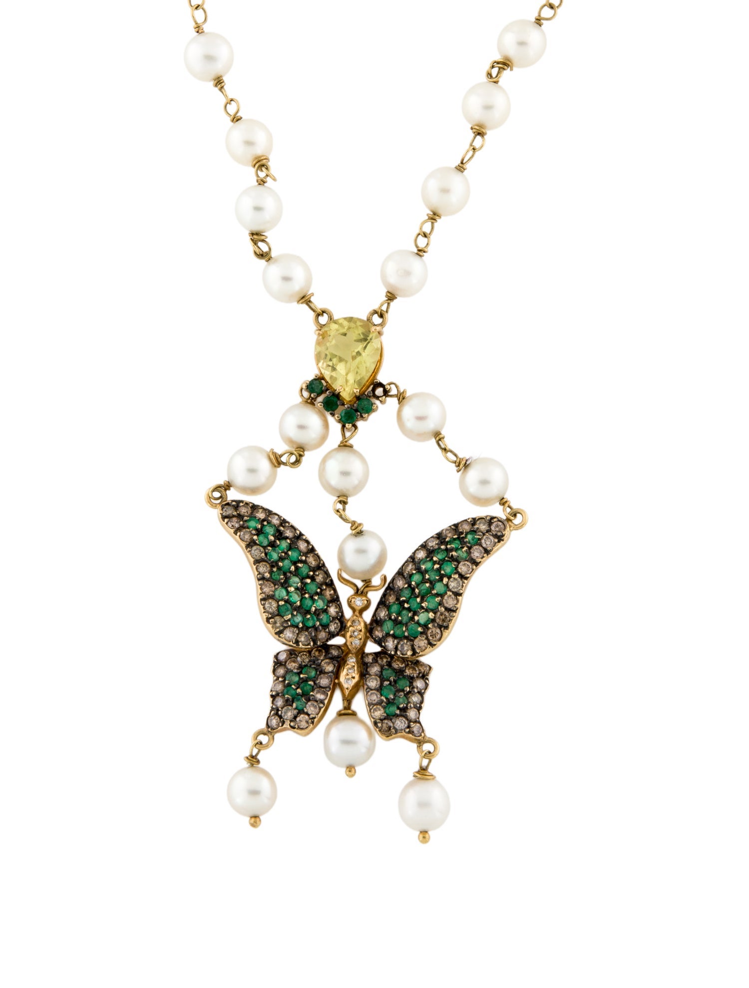 Necklace 18K Pearl, Emerald & Quartz Butterfly Necklace