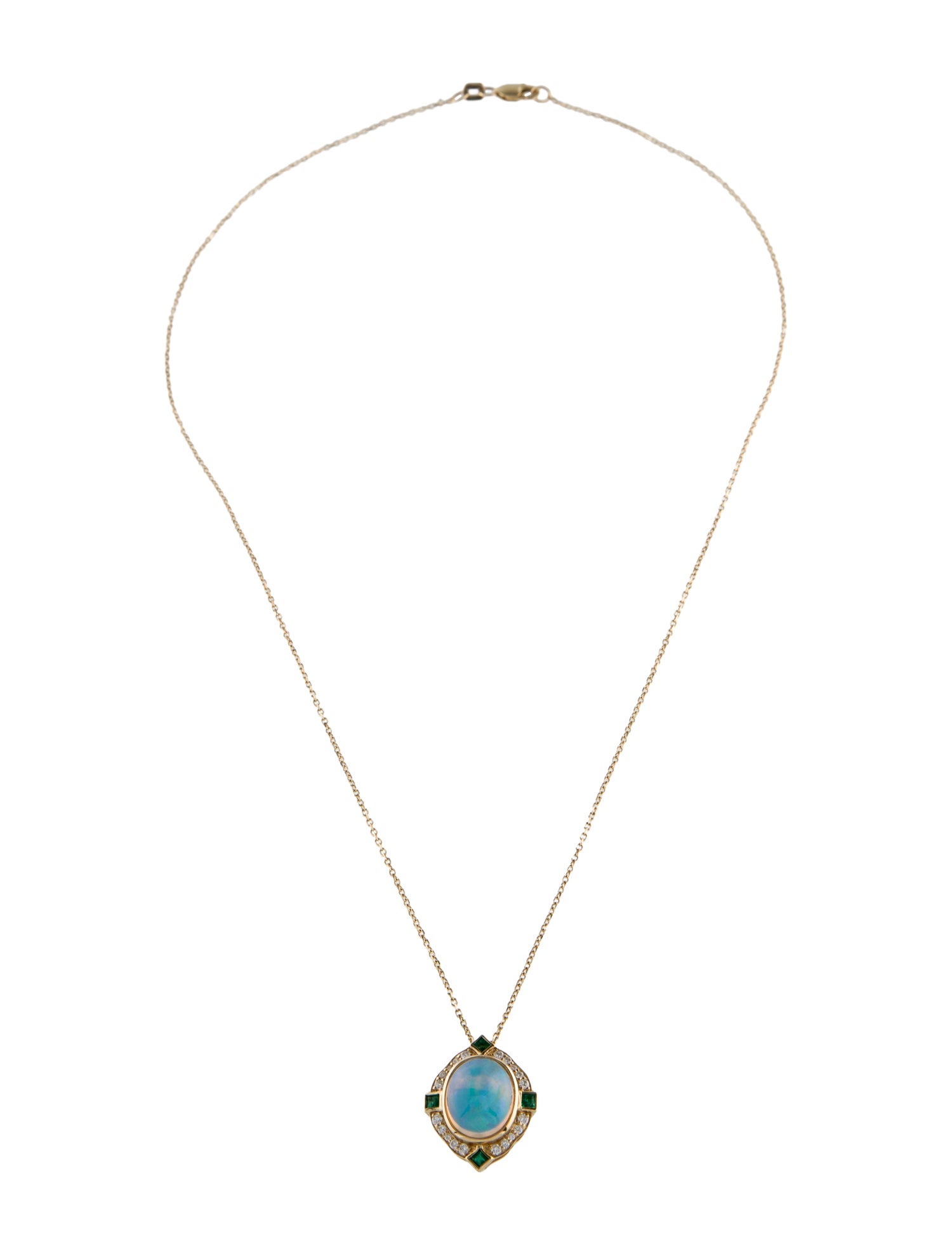 Necklace 14K Opal, Emerald & Diamond Pendant Necklace