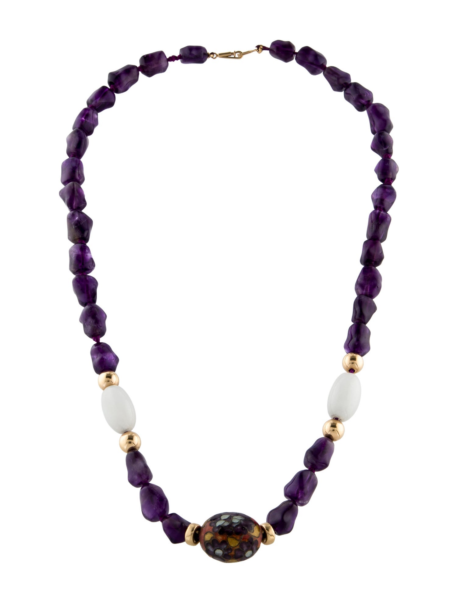 Necklace 14K Amethyst & White Jadeite Bead Strand Necklace