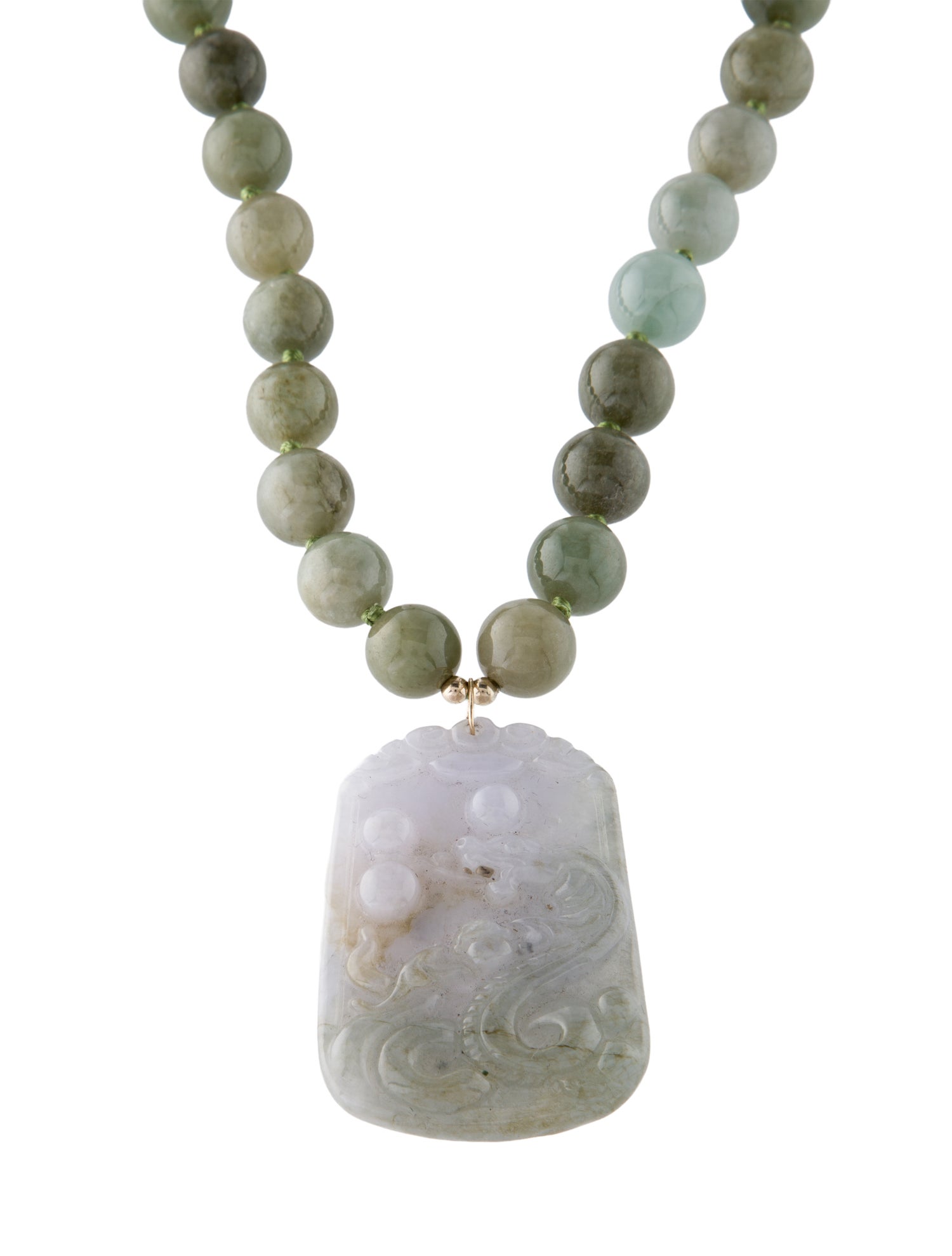 Necklace 14K Carved Jadeite Dragon Pendant & Bead