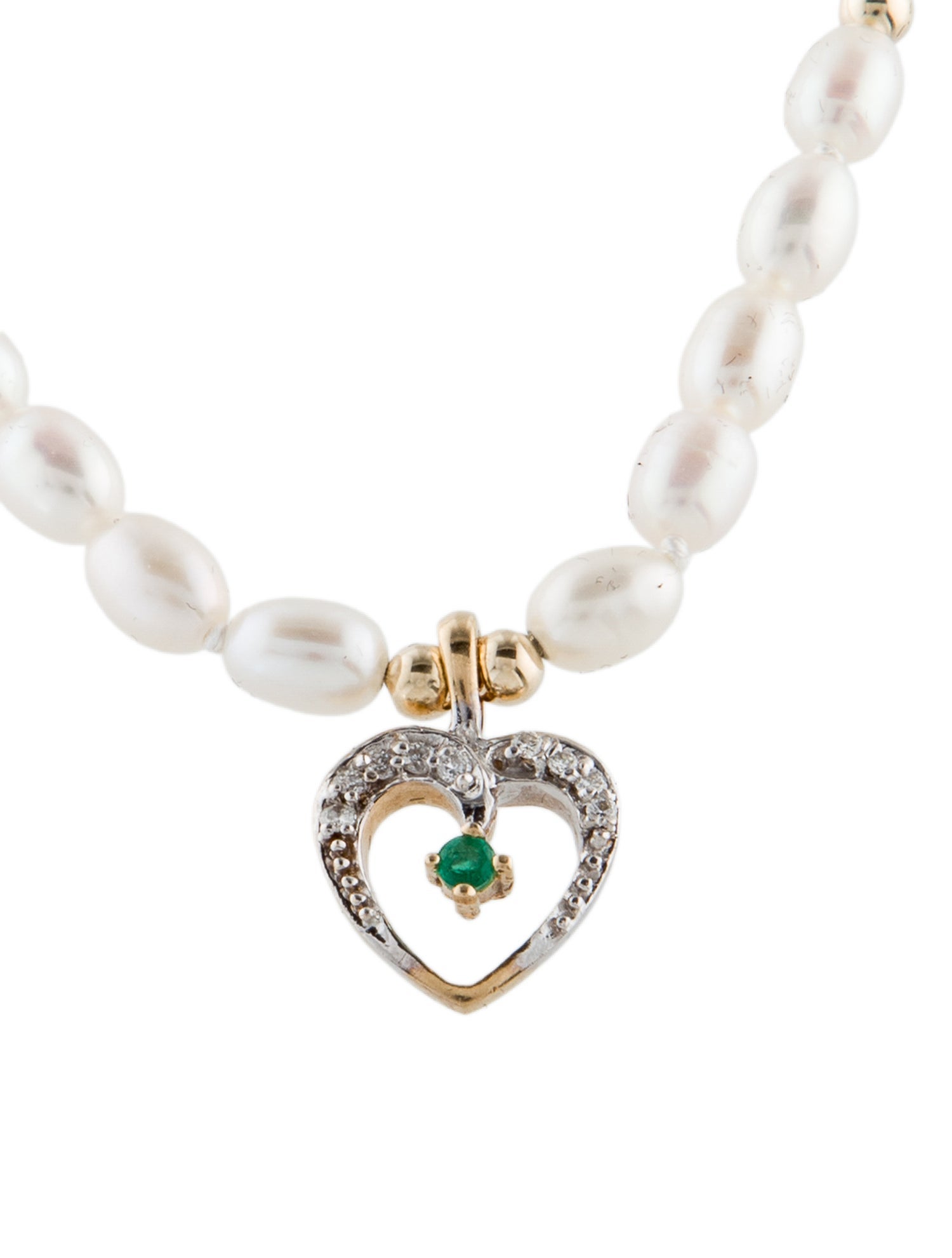 Necklace 14K Pearl, Emerald & Diamond Bead Pendant Necklace