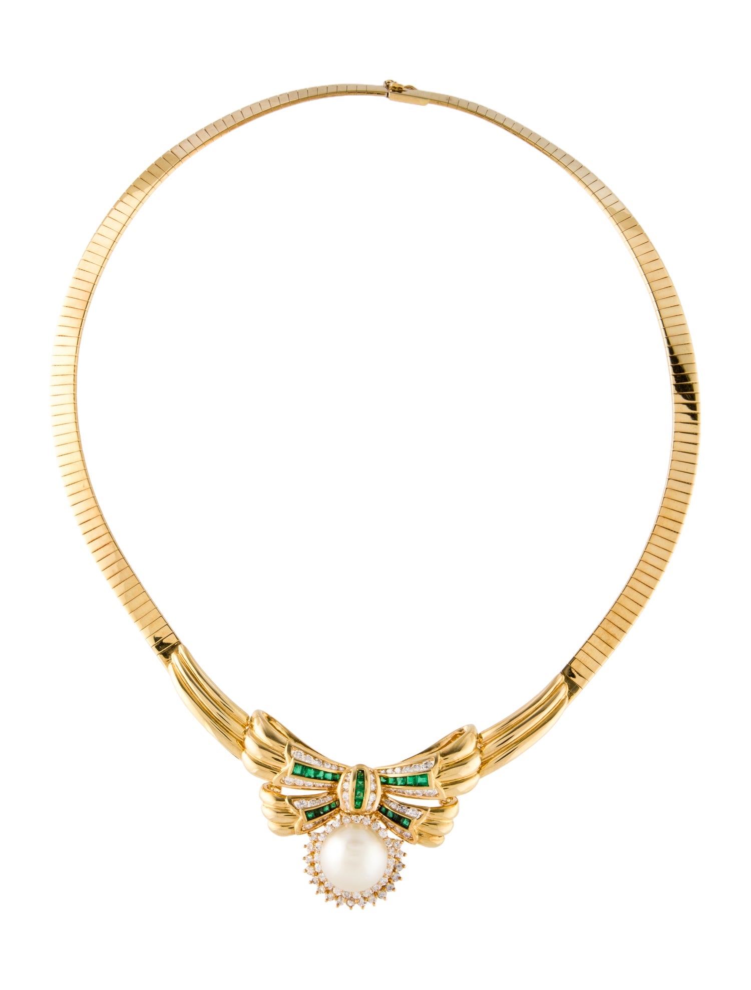 Necklace 18K Pearl, Emerald & Diamond Bow Collar Necklace