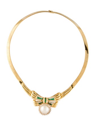 Necklace 18K Pearl, Emerald & Diamond Bow Collar Necklace