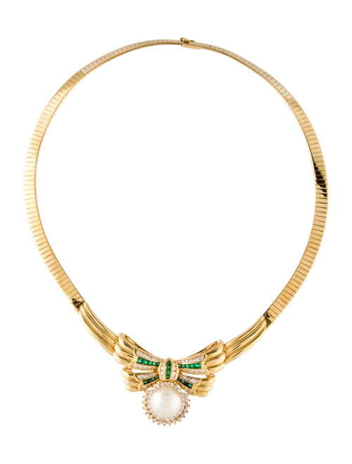 Necklace 18K Pearl, Emerald & Diamond Bow Collar Necklace
