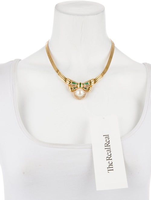 Necklace 18K Pearl, Emerald & Diamond Bow Collar Necklace