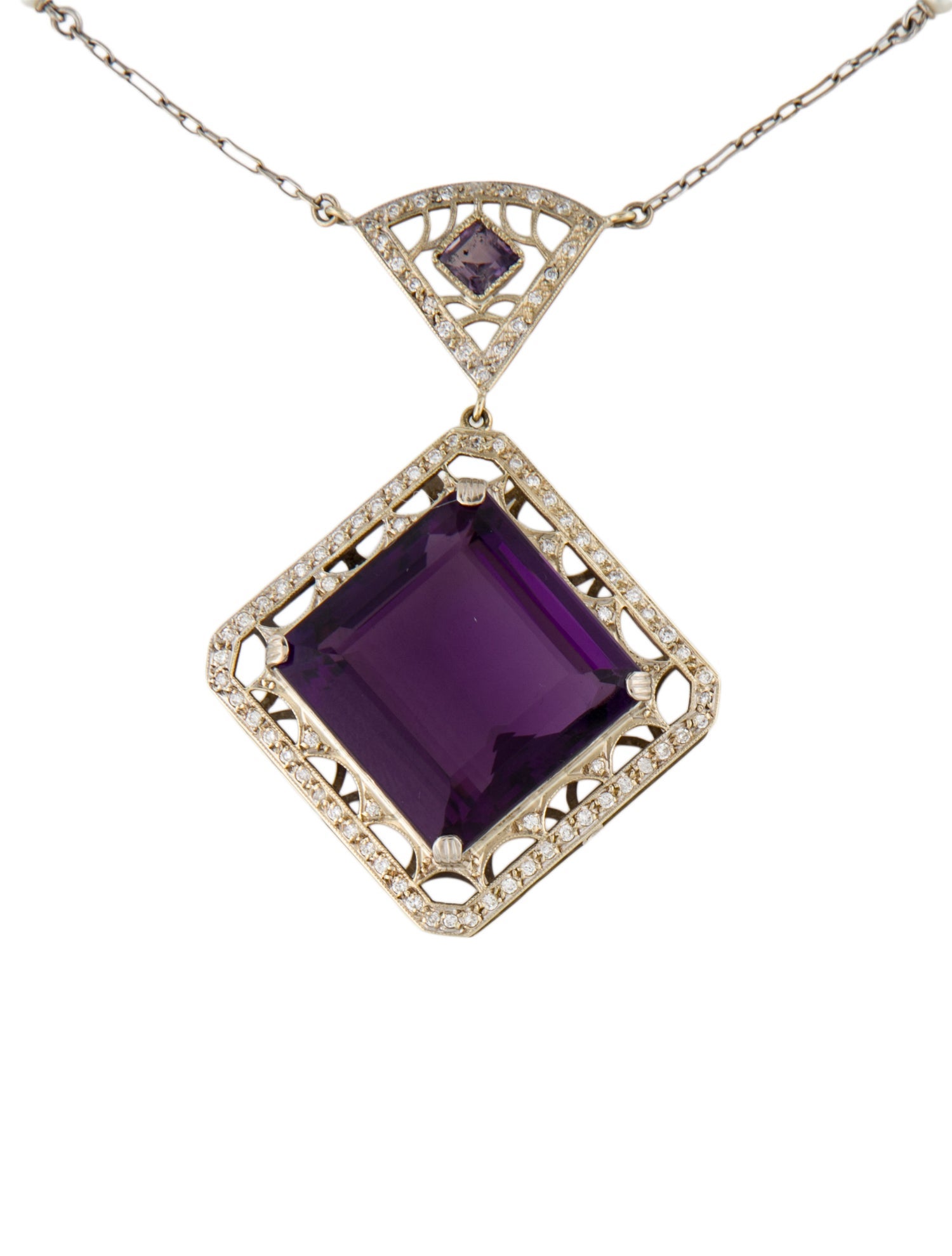 Necklace 14K Amethyst & Diamond Drop Pendant Necklace