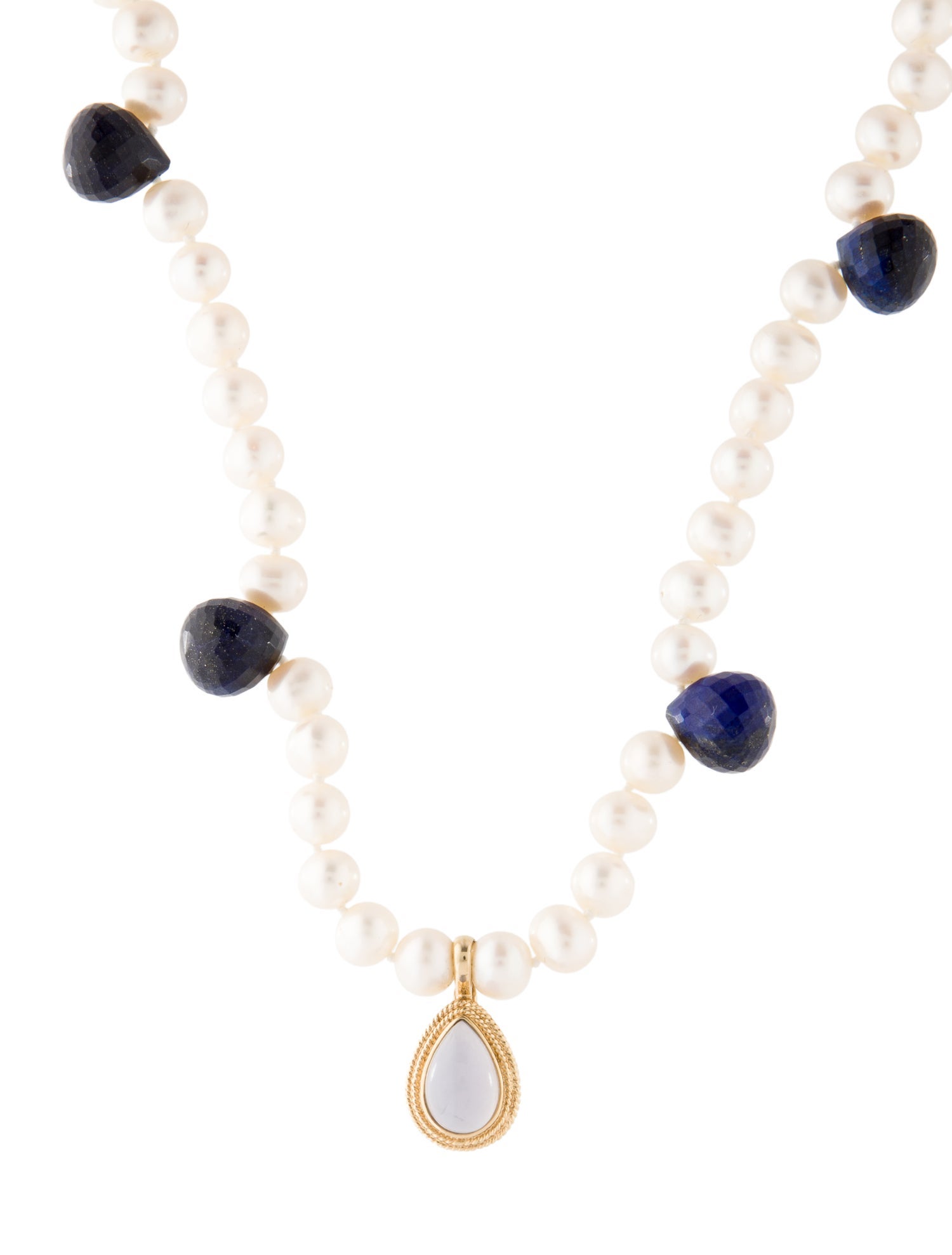 Necklace 14K Pearl, Lapis Lazuli & Chalcedony Bead Strand Necklace