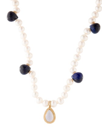 Necklace 14K Pearl, Lapis Lazuli & Chalcedony Bead Strand Necklace