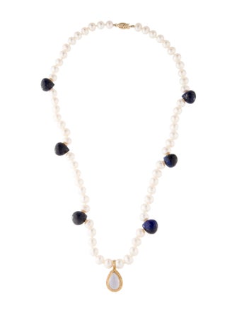 Necklace 14K Pearl, Lapis Lazuli & Chalcedony Bead Strand Necklace