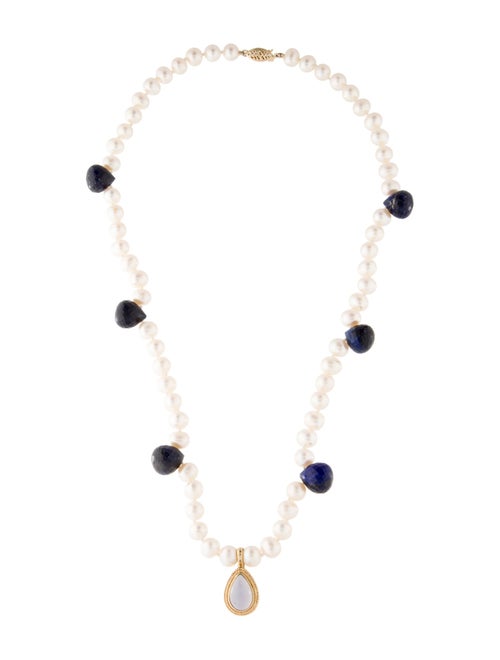 Necklace 14K Pearl, Lapis Lazuli & Chalcedony Bead Strand Necklace