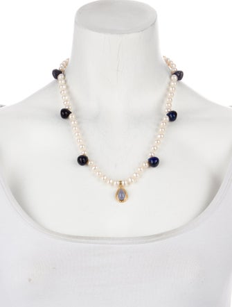 Necklace 14K Pearl, Lapis Lazuli & Chalcedony Bead Strand Necklace