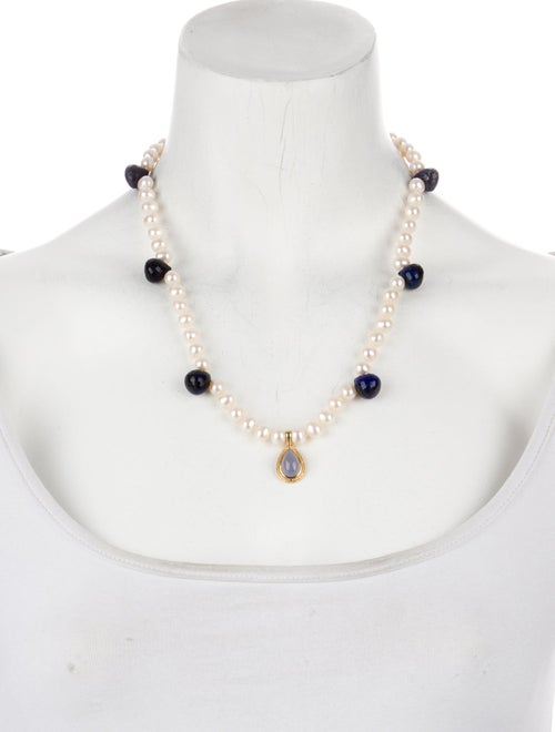 Necklace 14K Pearl, Lapis Lazuli & Chalcedony Bead Strand Necklace