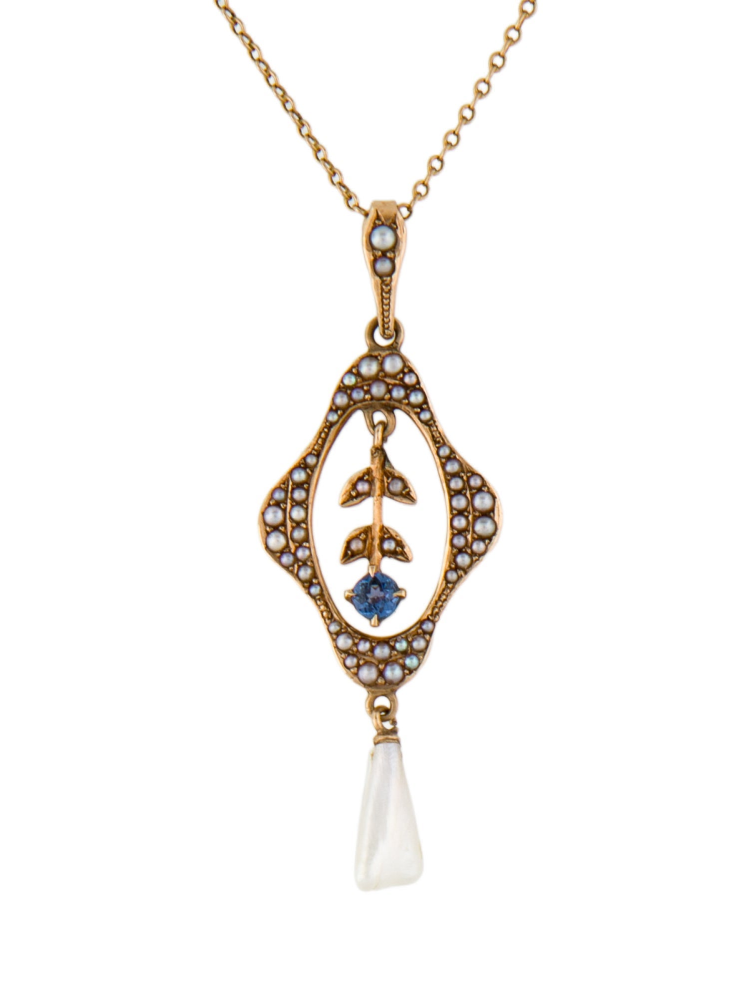 Necklace 14K Pearl & Sapphire Pendant Necklace