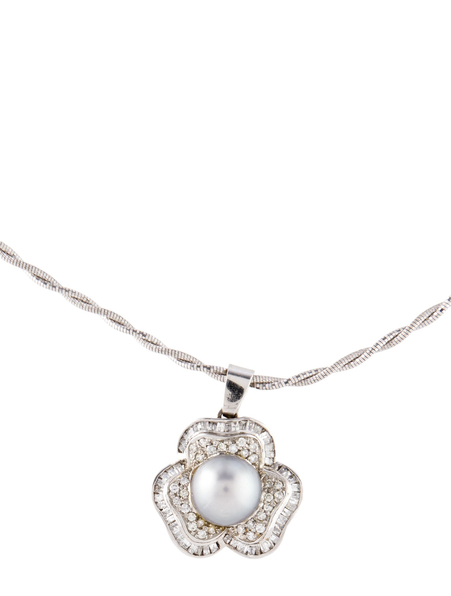 Necklace 14K Pearl & Diamond Flower Pendant