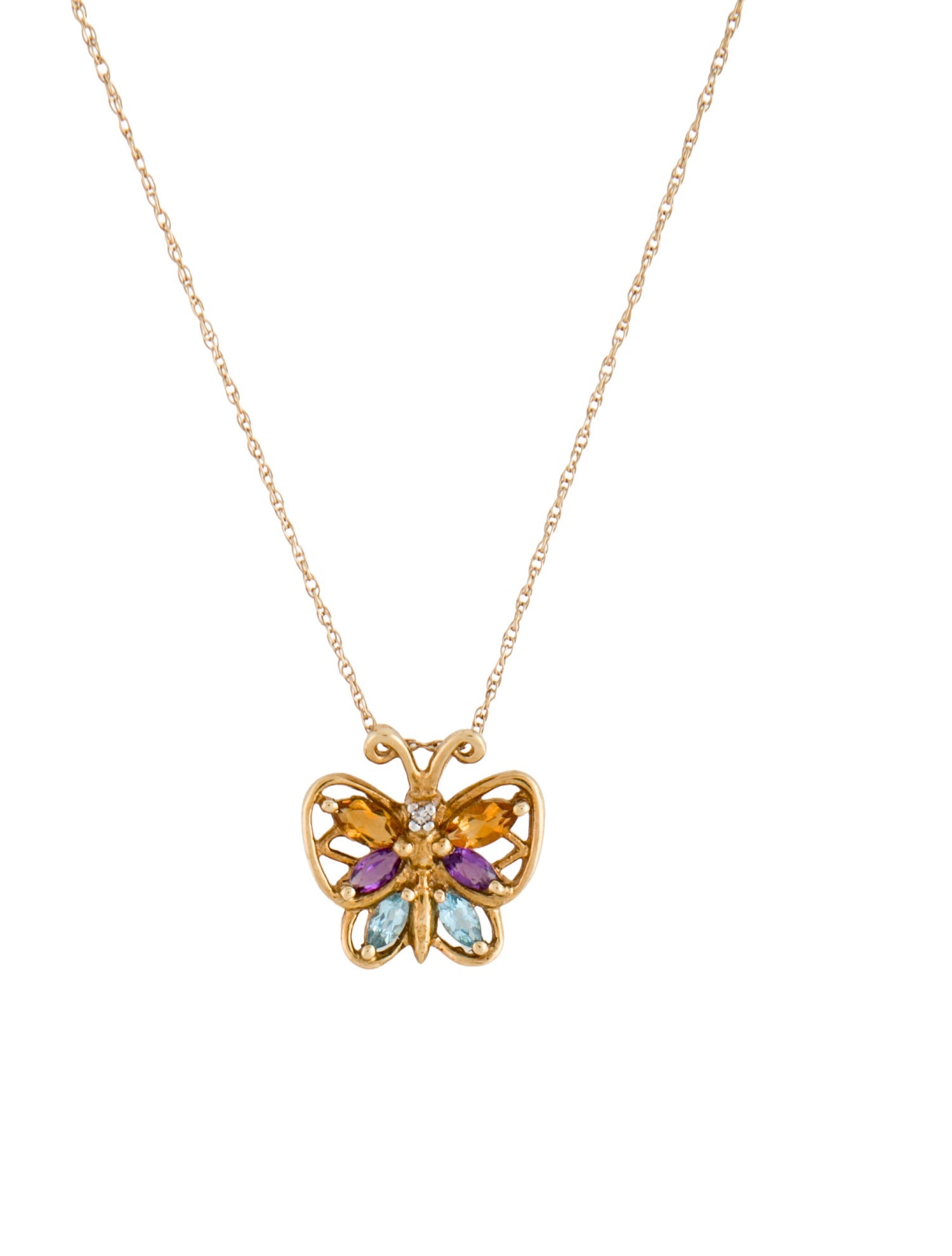 Necklace 10K Citrine, Amethyst & Topaz Butterfly Pendant