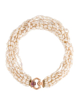Necklace Retro 14K Pearl, Ruby & Diamond Bead Strand Necklace
