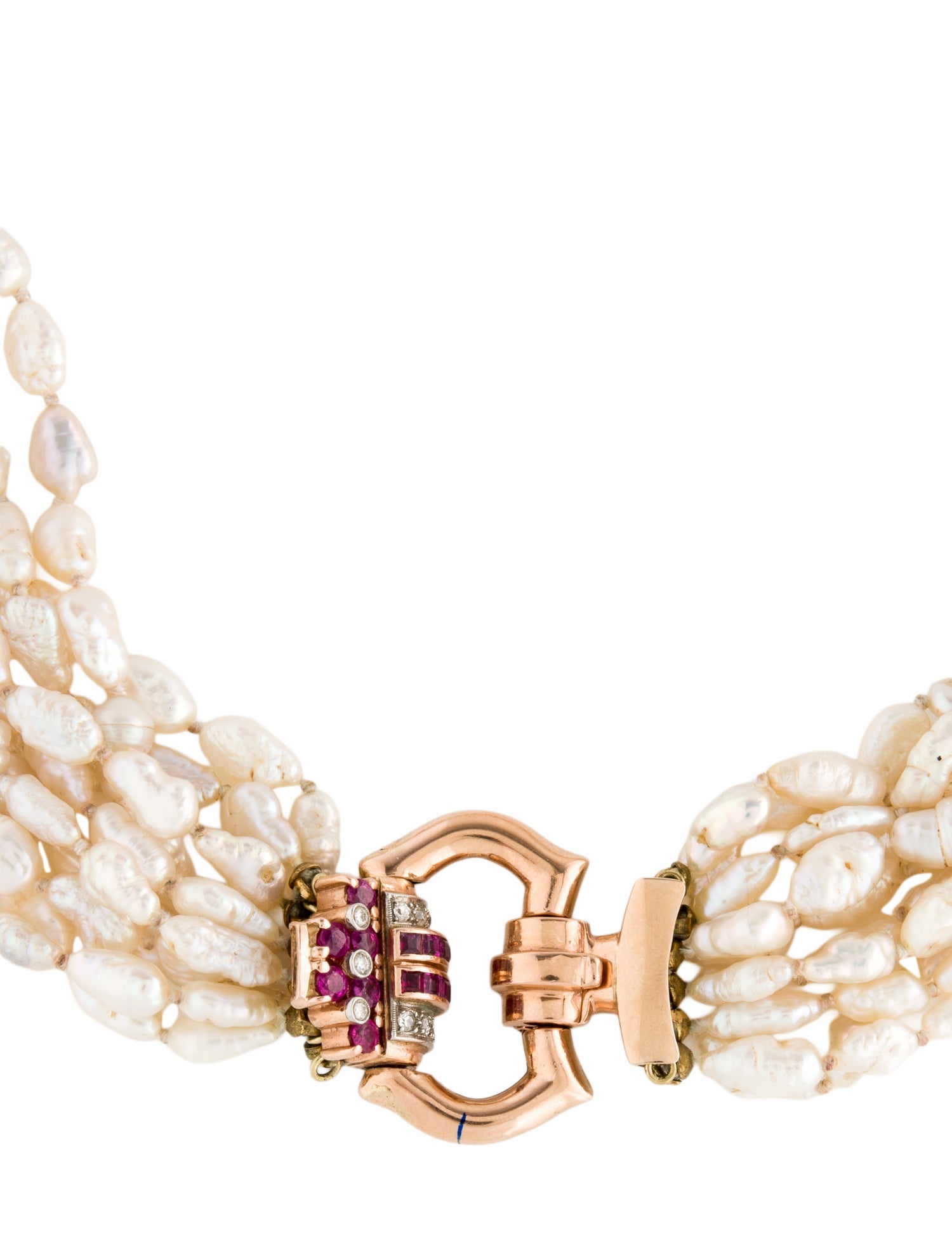 Necklace Retro 14K Pearl, Ruby & Diamond Bead Strand