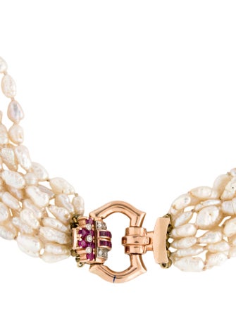 Necklace Retro 14K Pearl, Ruby & Diamond Bead Strand Necklace