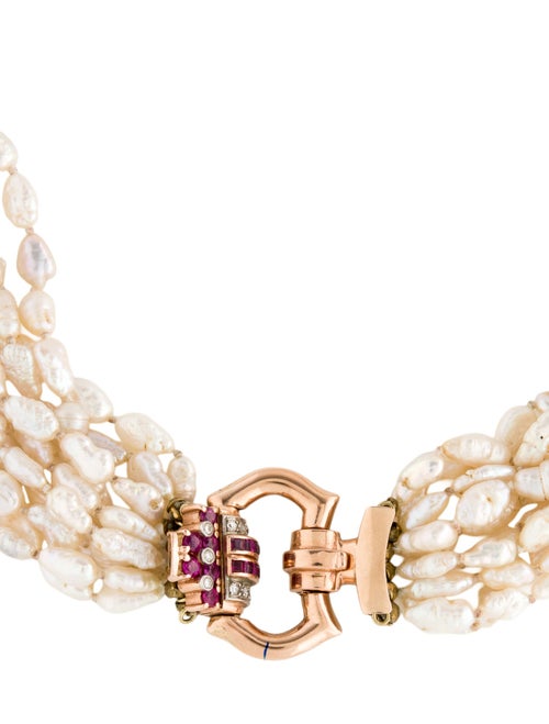 Necklace Retro 14K Pearl, Ruby & Diamond Bead Strand Necklace