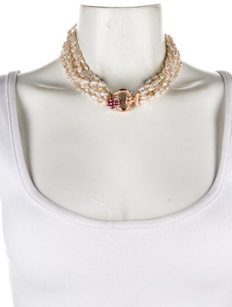 Necklace Retro 14K Pearl, Ruby & Diamond Bead Strand Necklace