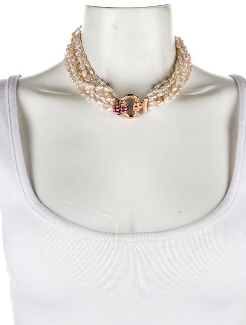 Necklace Retro 14K Pearl, Ruby & Diamond Bead Strand Necklace