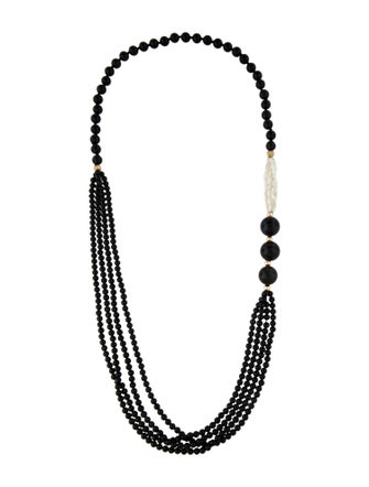 Necklace 14K Pearl & Onyx Multi Bead Strand Necklace