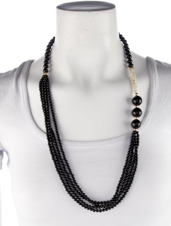 Necklace 14K Pearl & Onyx Multi Bead Strand Necklace