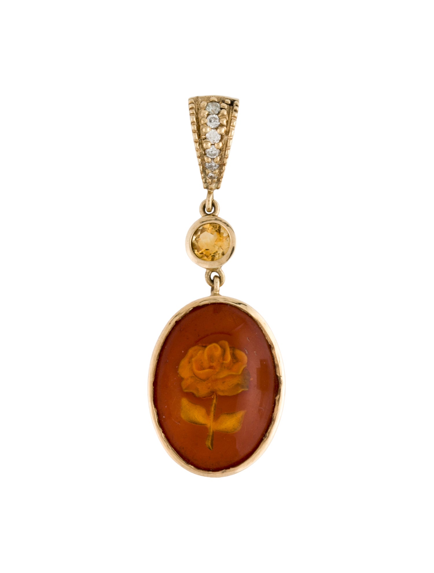 Necklace 14K Amber, Citrine & Diamond Rose Intaglio Pendant