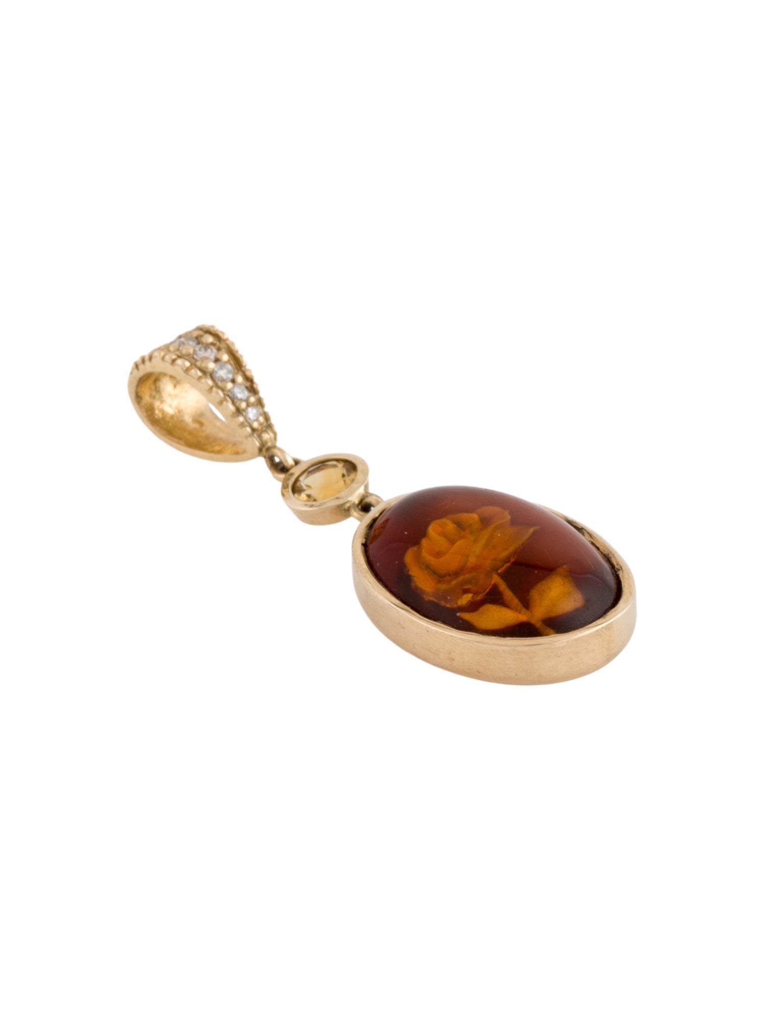 Necklace 14K Amber, Citrine & Diamond Rose Intaglio Pendant
