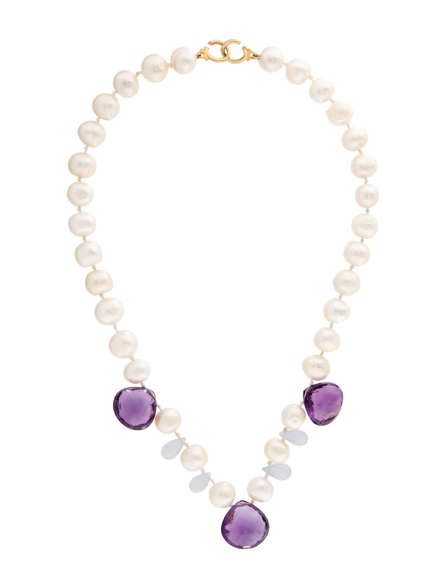 Necklace 14K Pearl, Amethyst & Chalcedony Strand Necklace