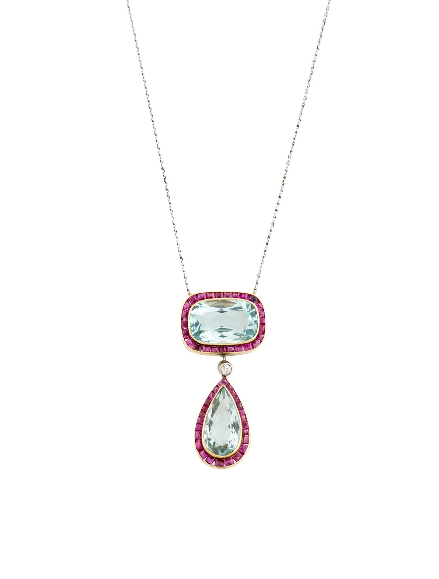 Necklace 14K Aquamarine & Ruby Pendant on PLatinum Chain