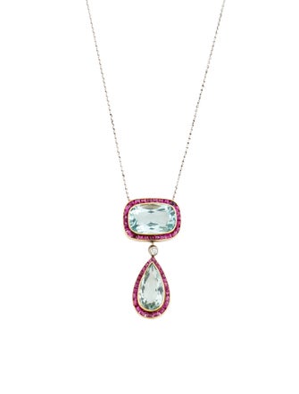 Necklace 14K Aquamarine & Ruby Pendant on PLatinum Chain