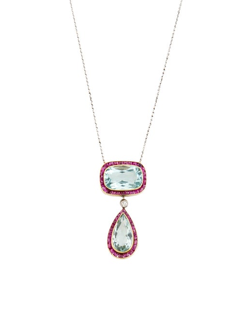 Necklace 14K Aquamarine & Ruby Pendant on PLatinum Chain