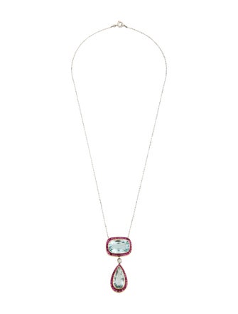 Necklace 14K Aquamarine & Ruby Pendant on PLatinum Chain