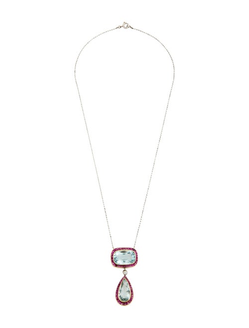 Necklace 14K Aquamarine & Ruby Pendant on PLatinum Chain