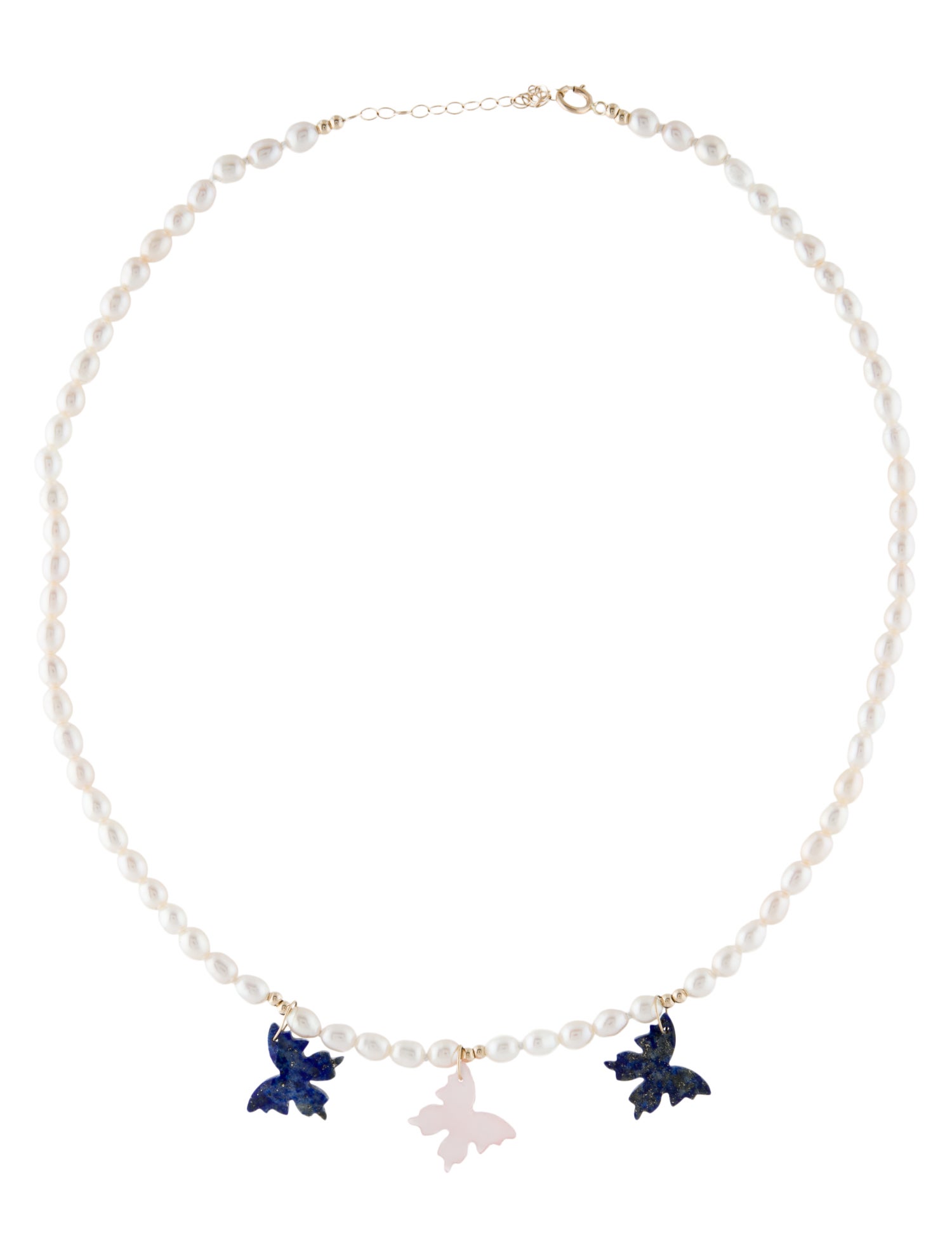 Necklace 14K Pearl, Lapis Lazuli & Rose Quartz Butterfly Strand Necklace
