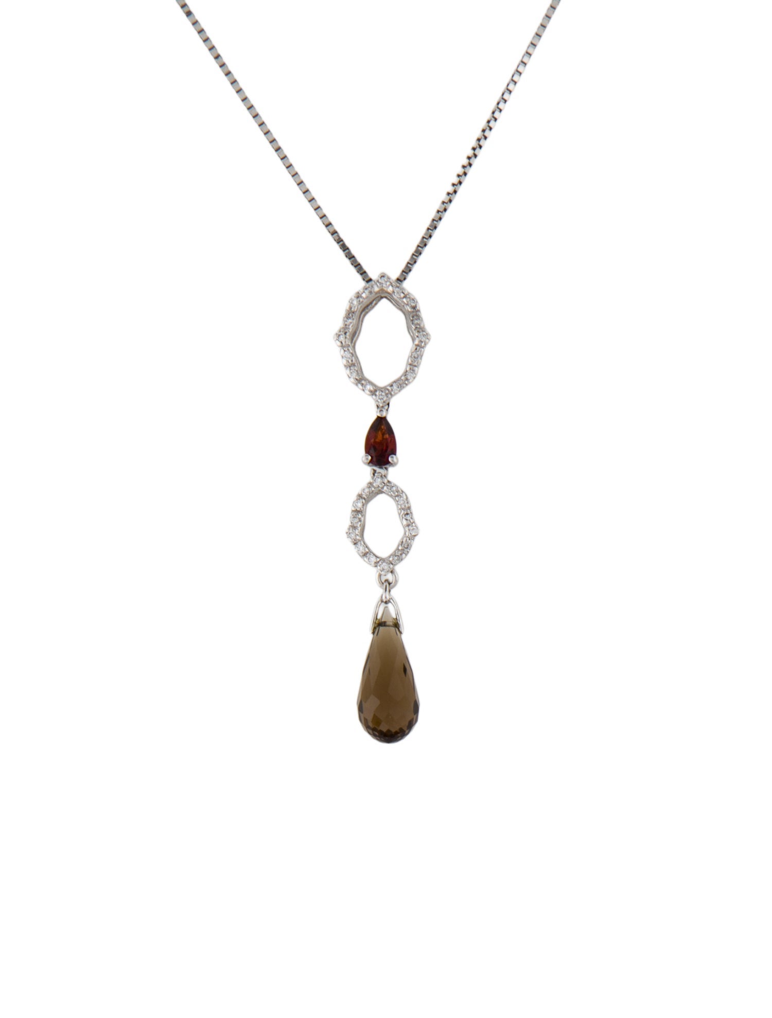 Necklace 18K Smoky Quartz, Diamond & Garnet Pendant