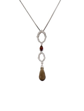 Necklace 18K Smoky Quartz, Diamond & Garnet Pendant Necklace