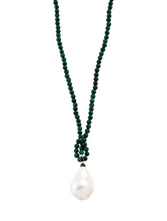 Necklace 14K Pearl & Malachite Bead Strand Pendant Necklace