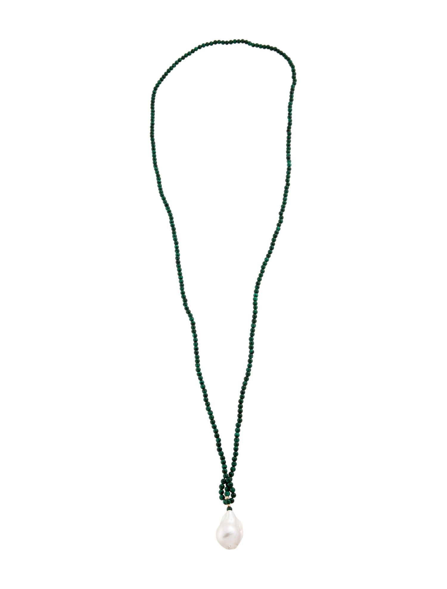 Necklace 14K Pearl & Malachite Bead Strand Pendant