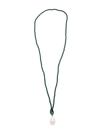 Necklace 14K Pearl & Malachite Bead Strand Pendant Necklace