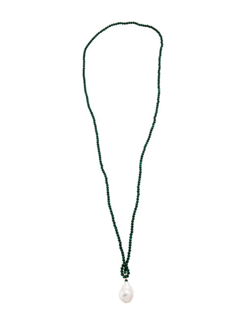 Necklace 14K Pearl & Malachite Bead Strand Pendant Necklace